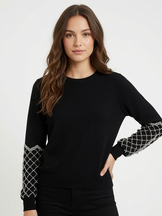 Express Sweaters - Express Black Crewneck Sweater with Beaded Lattice Sleeves